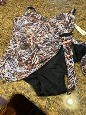 Women’s Brown Patterned One-Piece Swimdress with Black Brief